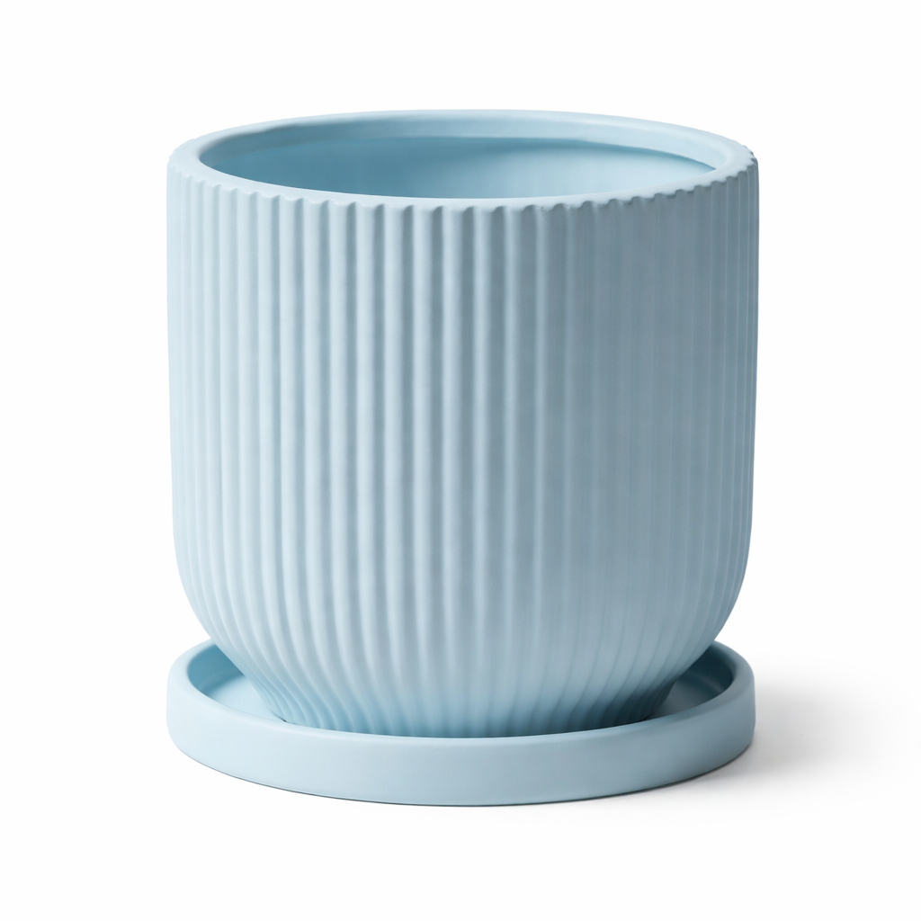Pot de Fleur Céramique Scandinave - Stries Nordiques avec Plateau