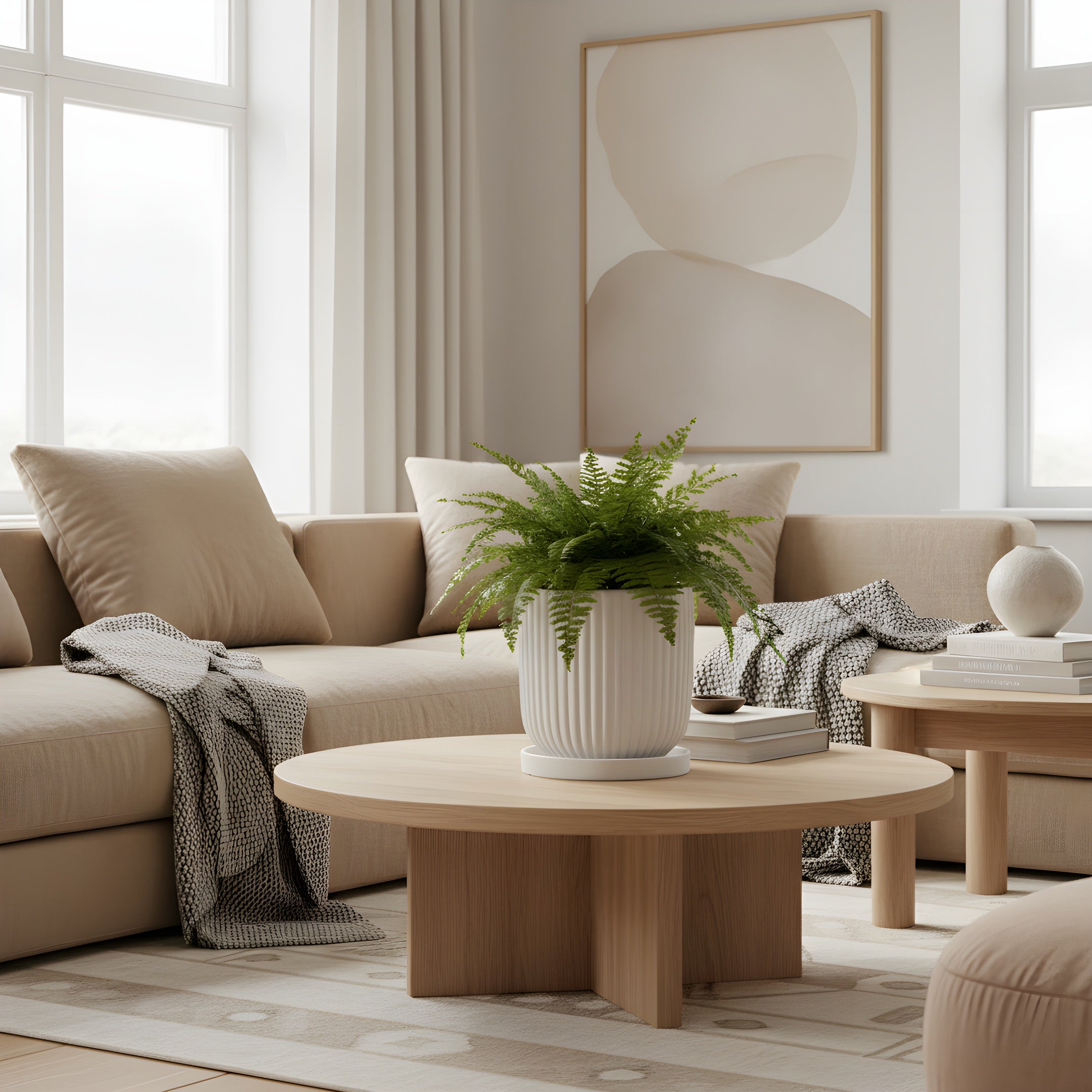 Pot de Fleur Céramique Scandinave - Stries Nordiques avec Plateau