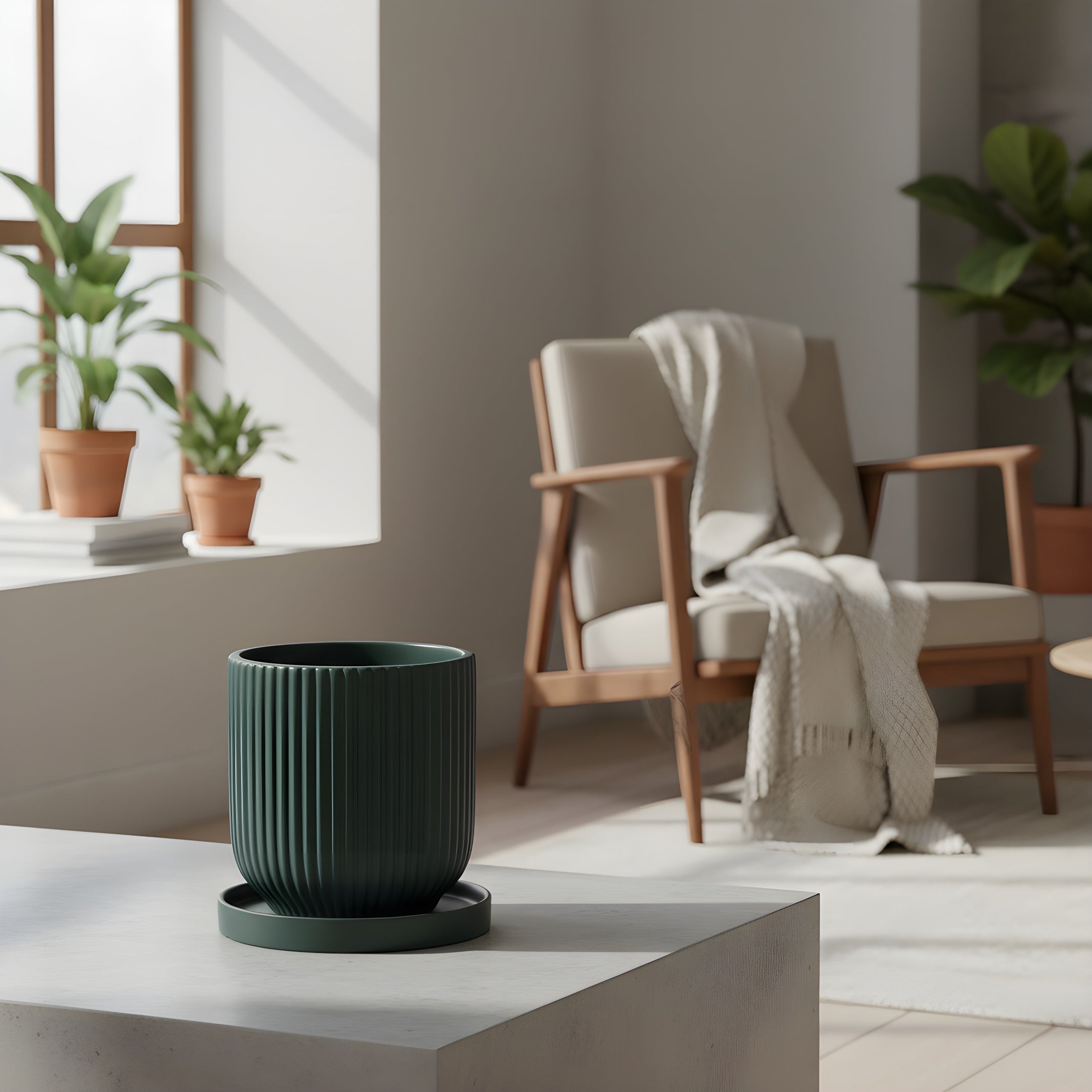 Pot de Fleur Céramique Scandinave - Stries Nordiques avec Plateau