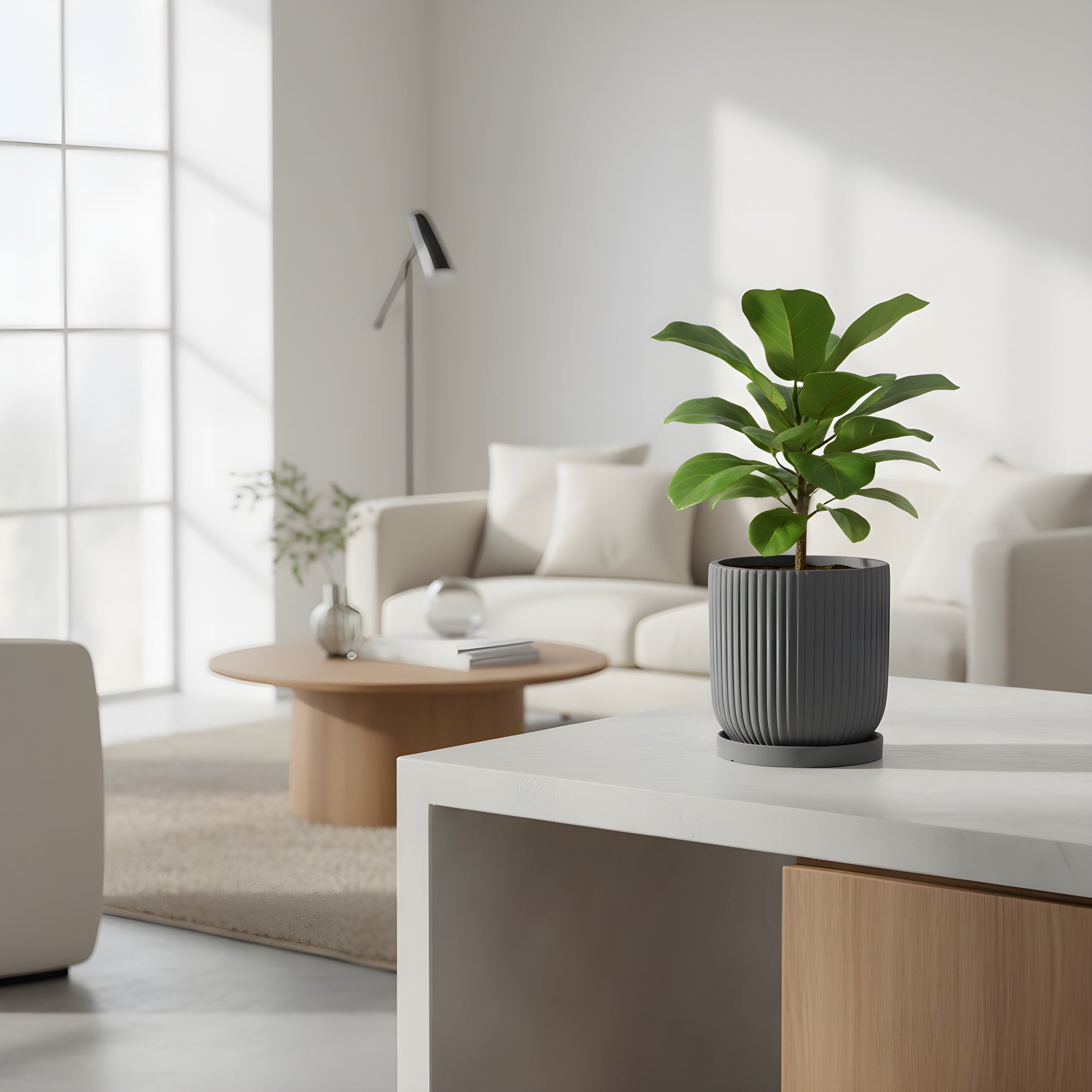 Pot de Fleur Céramique Scandinave - Stries Nordiques avec Plateau