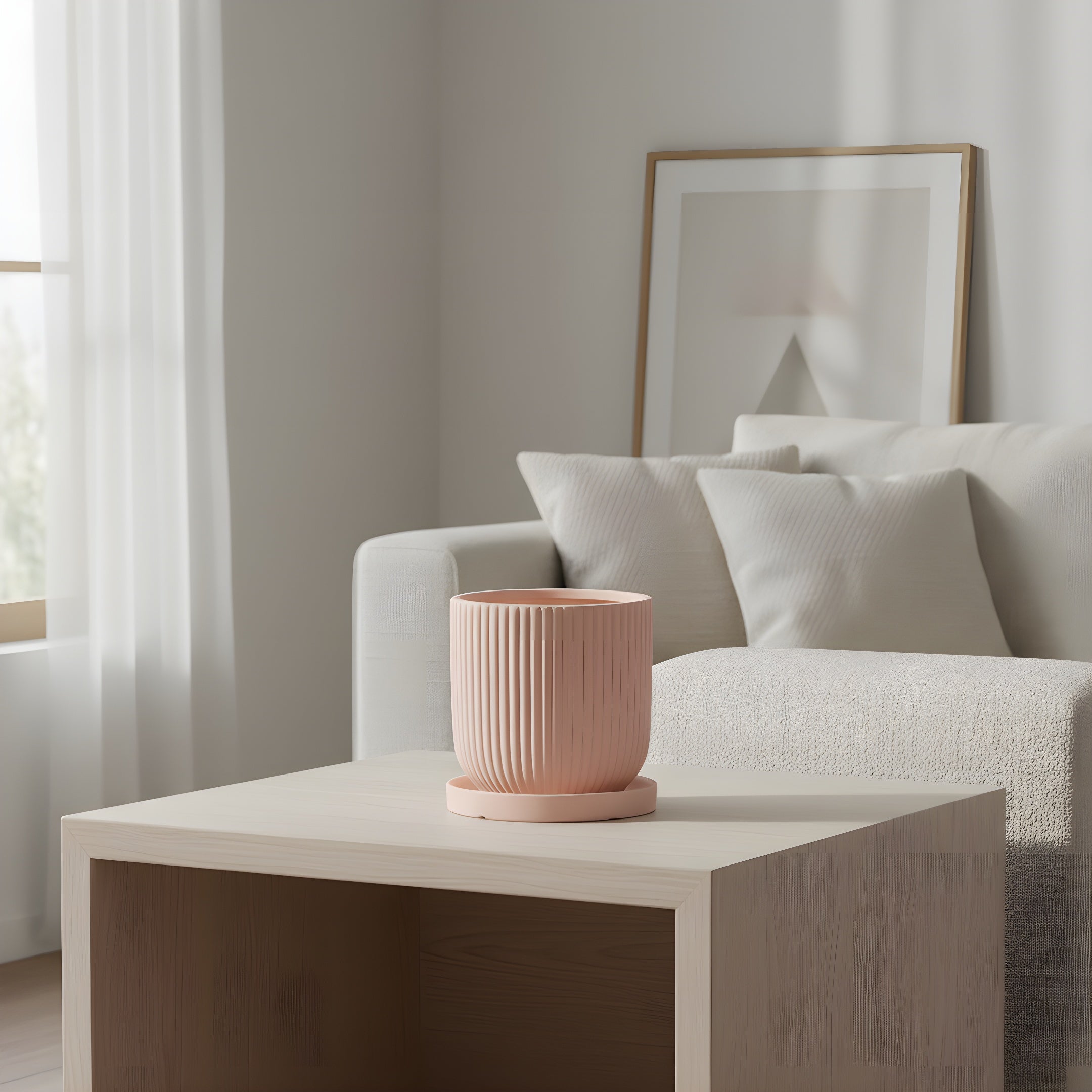 Pot de Fleur Céramique Scandinave - Stries Nordiques avec Plateau