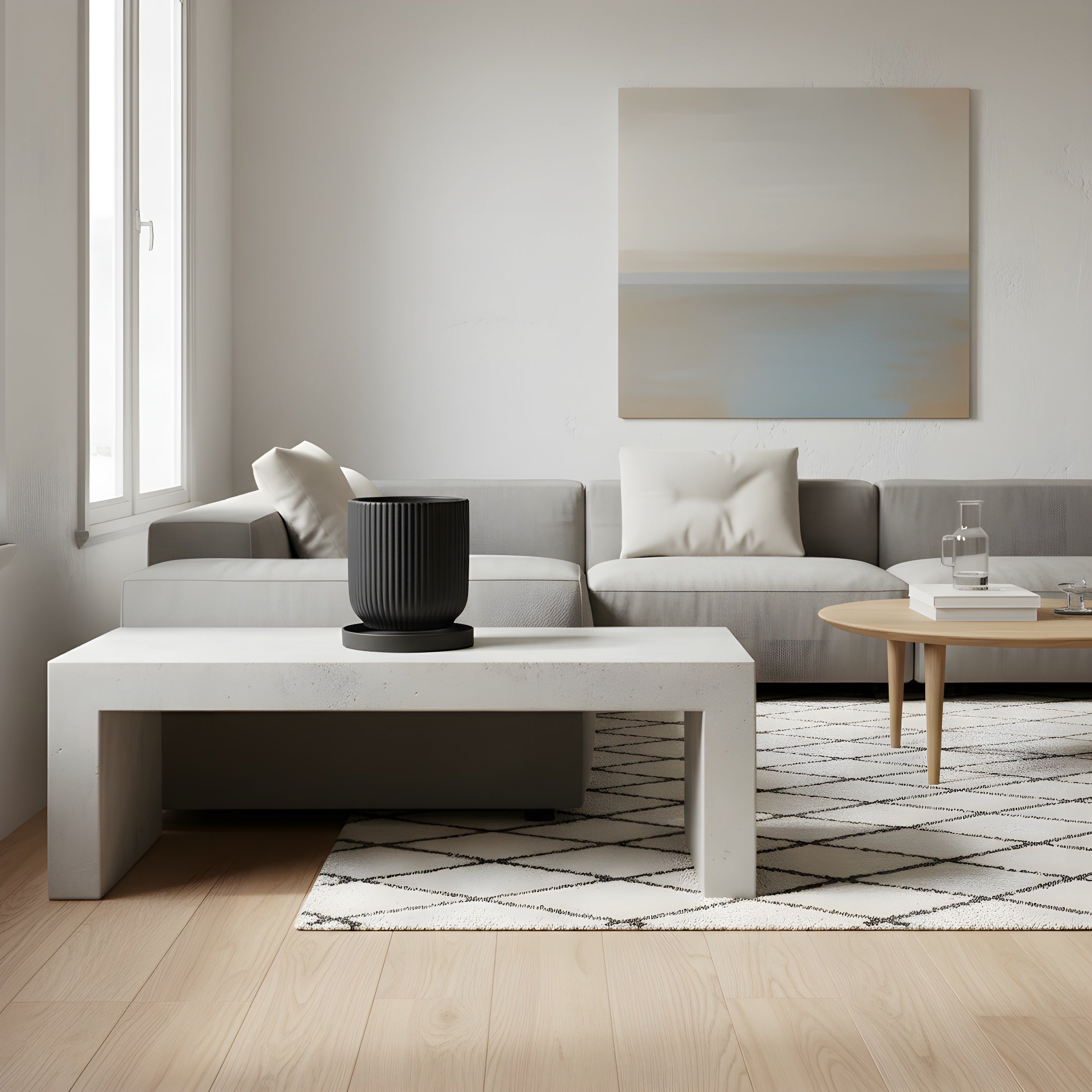 Pot de Fleur Céramique Scandinave - Stries Nordiques avec Plateau