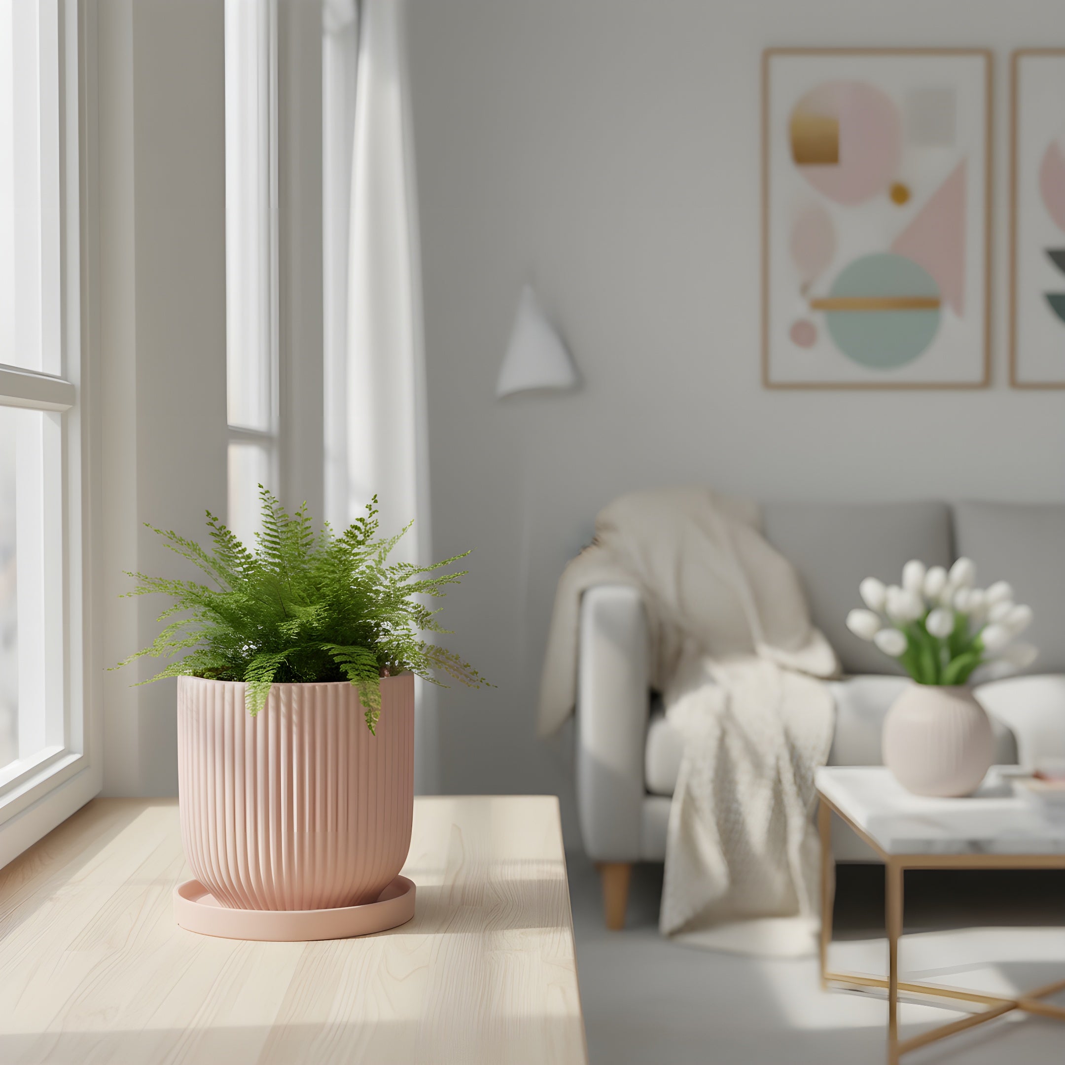Pot de Fleur Céramique Scandinave - Stries Nordiques avec Plateau