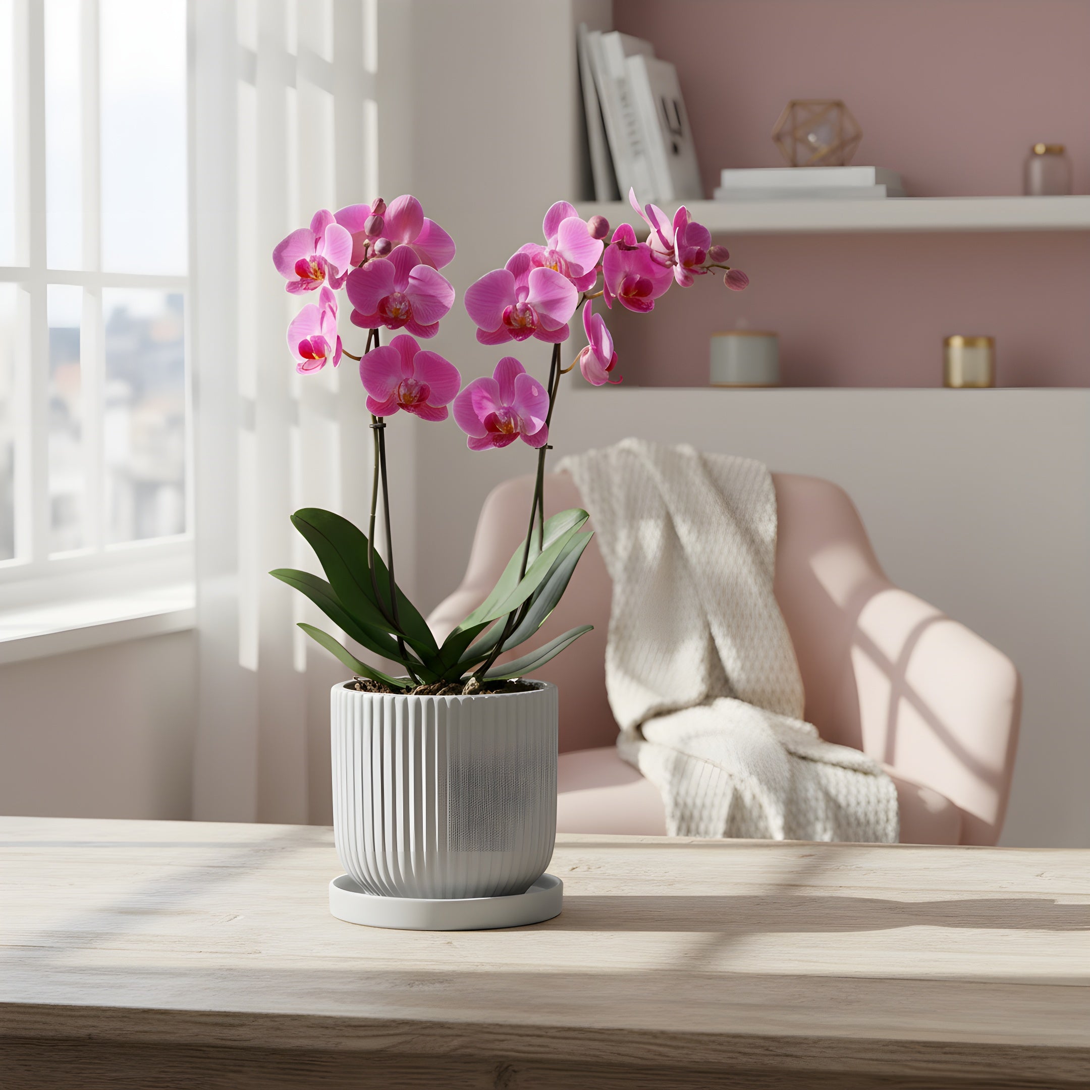 Pot de Fleur Céramique Scandinave - Stries Nordiques avec Plateau