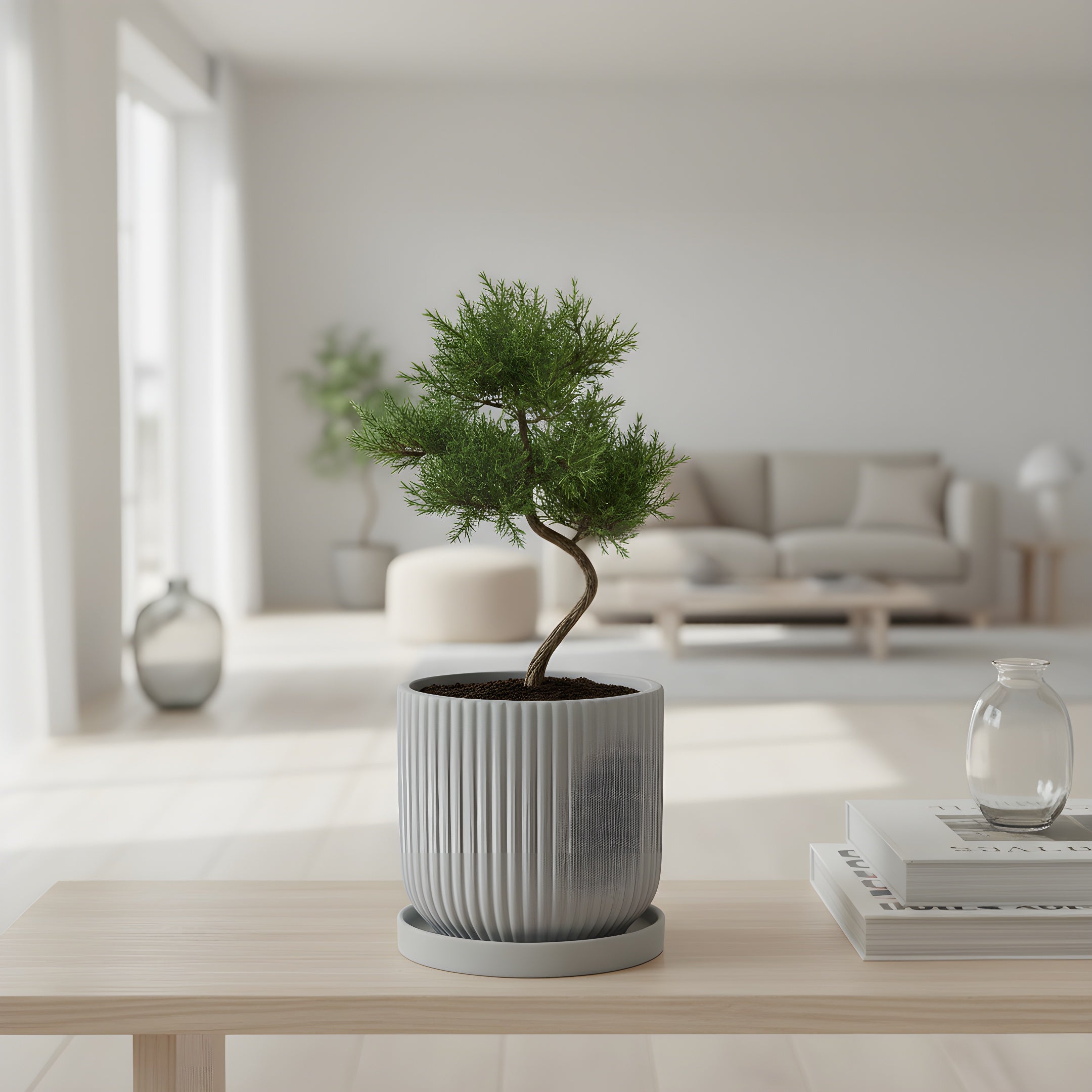 Pot de Fleur Céramique Scandinave - Stries Nordiques avec Plateau