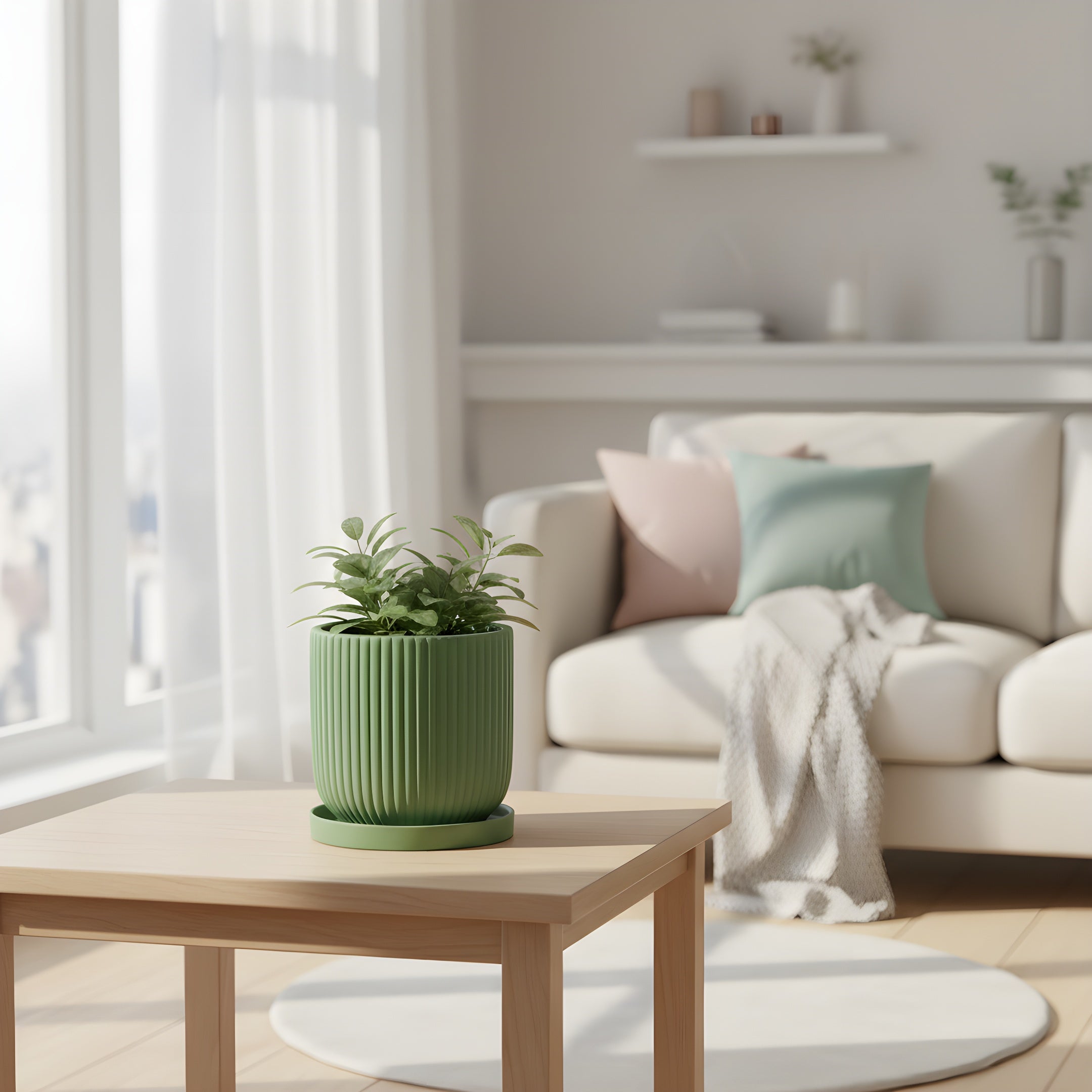 Pot de Fleur Céramique Scandinave - Stries Nordiques avec Plateau