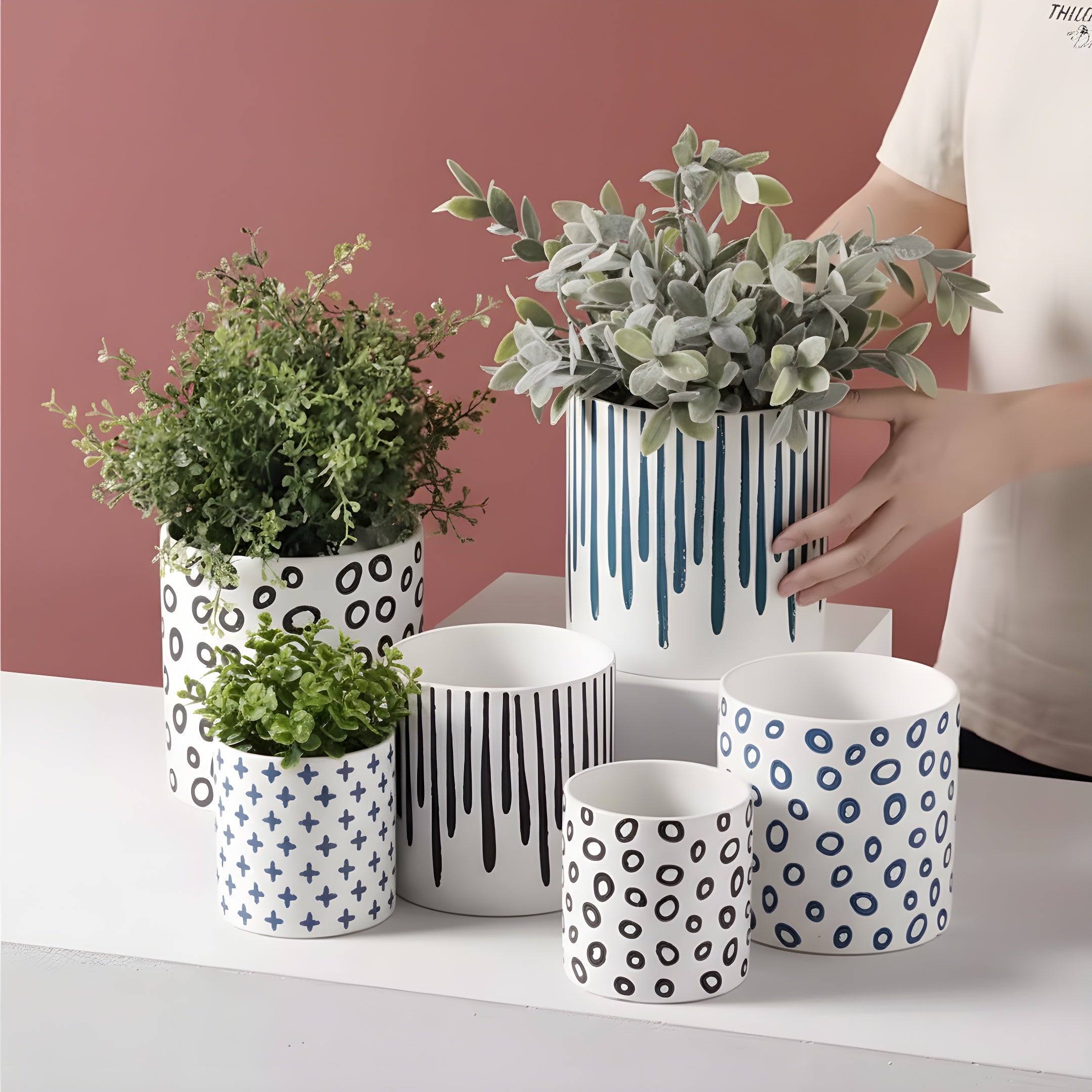 Pot de Fleur Céramique Nordique - Motifs Géométriques