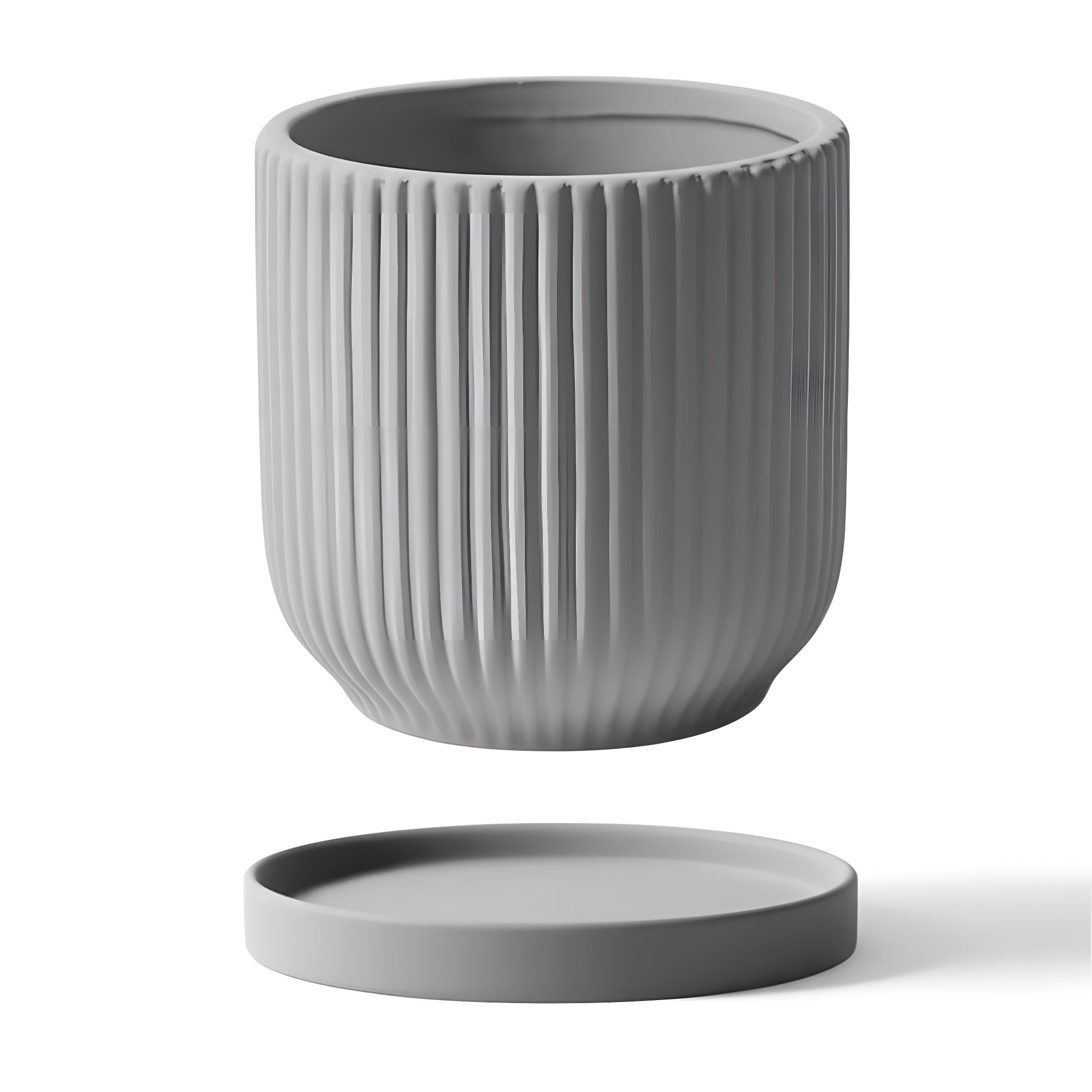 Pot de Fleur Céramique Scandinave - Stries Nordiques avec Plateau